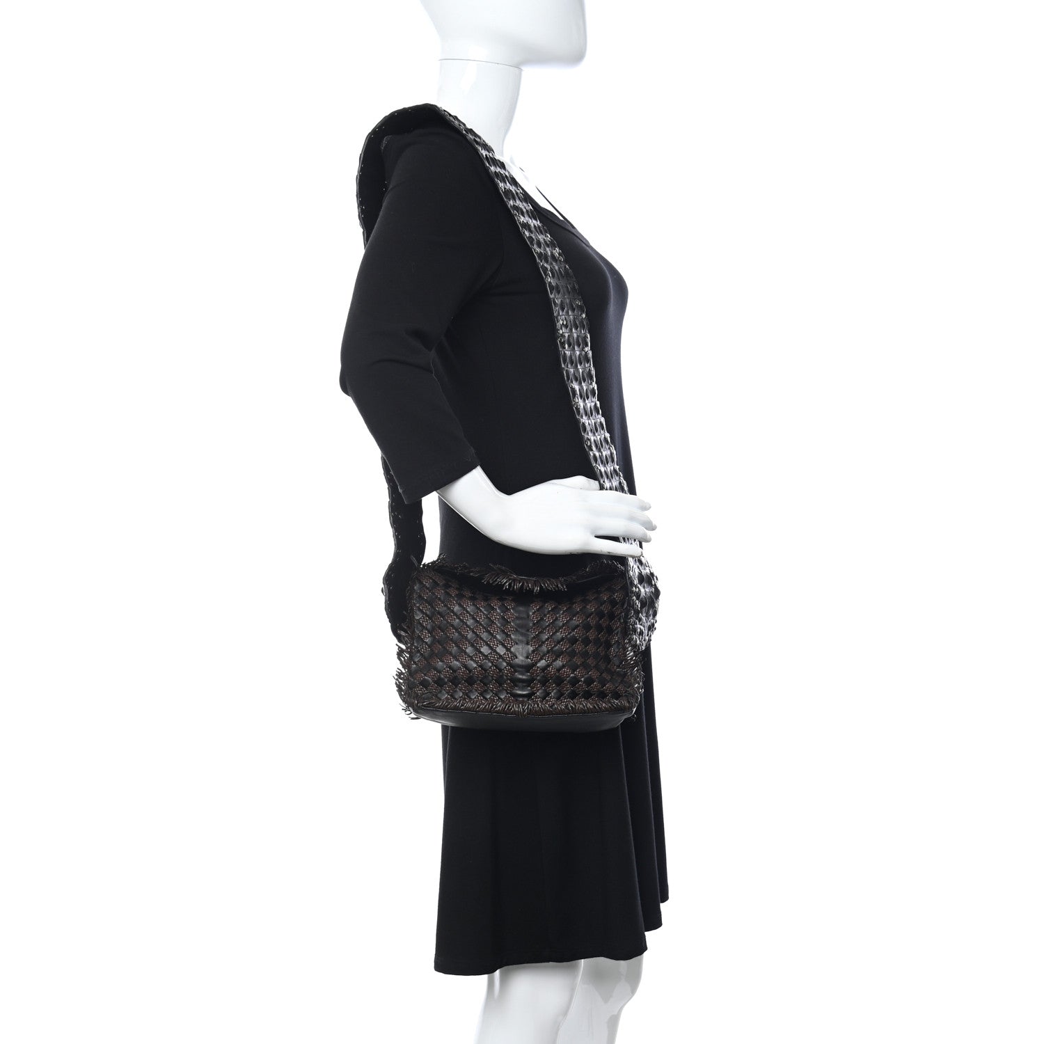 Bottega Veneta Nappa Intrecciato Alligator Fringe Shoulder Bag Black 2 of 10