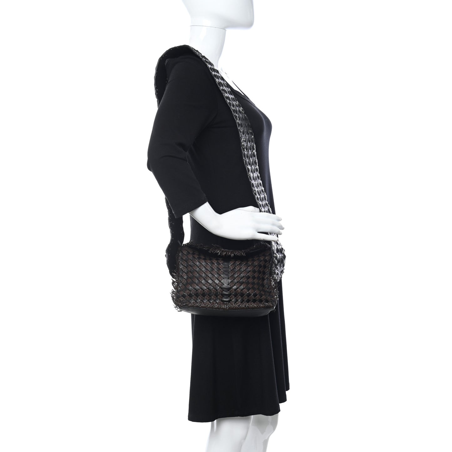 Nappa Intrecciato Alligator Fringe Shoulder Bag Black