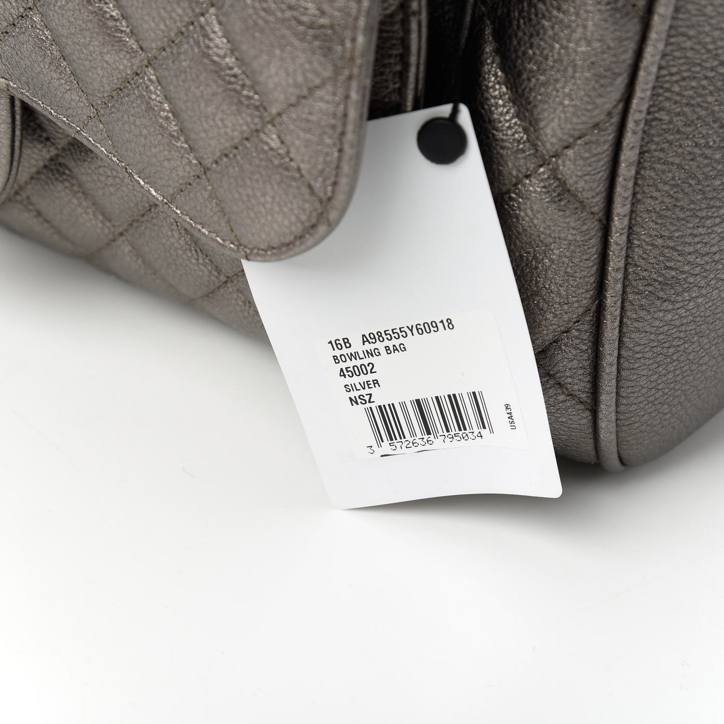 Metallic Grained Calfskin Quilted Large Casual Pocket Bowling Bag Silver