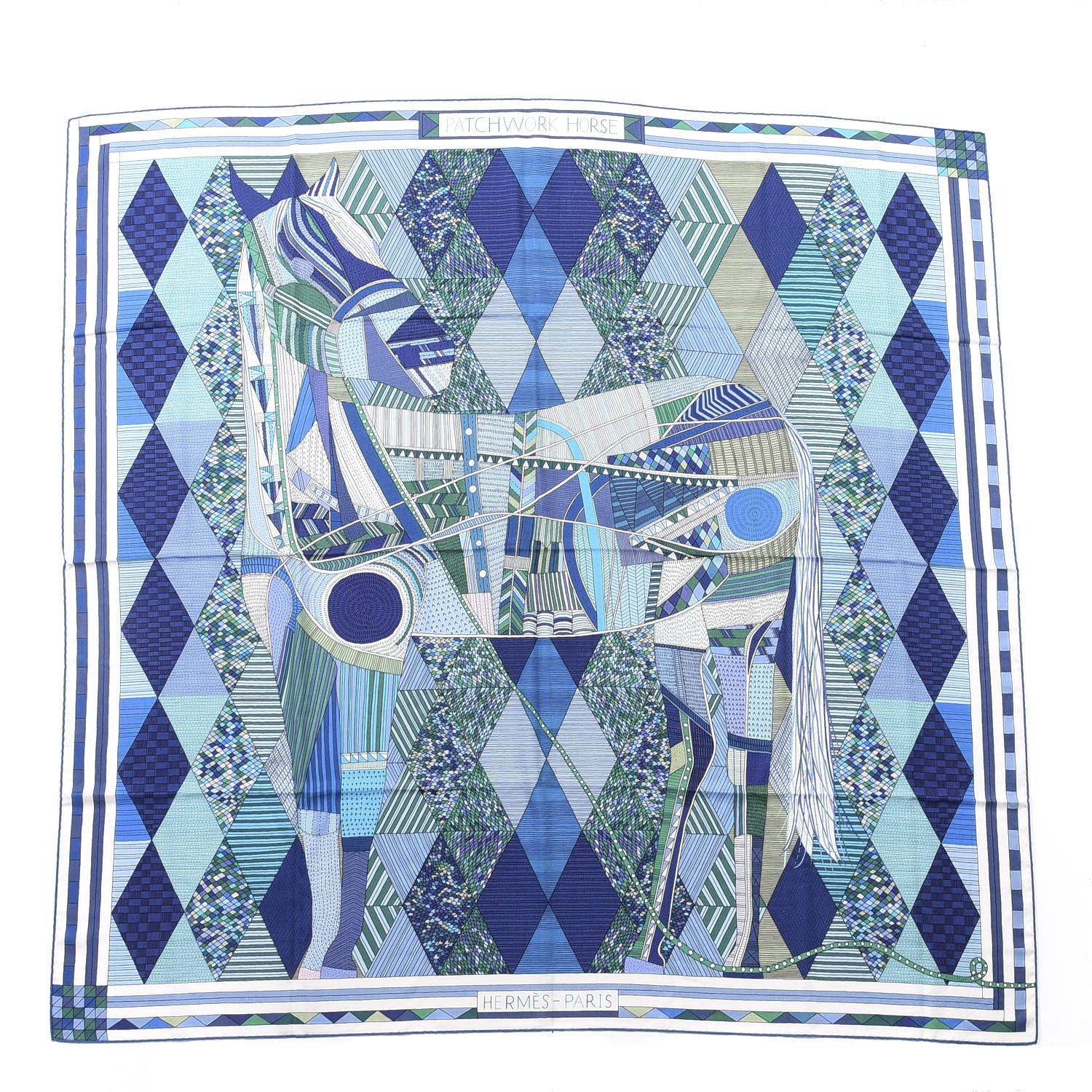 Hermes Cashmere Silk Patchwork Horse Shawl 140 Turquoise Vert Bleu 1 of 4