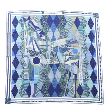 Hermes Cashmere Silk Patchwork Horse Shawl 140 Turquoise Vert Bleu 1 of 4
