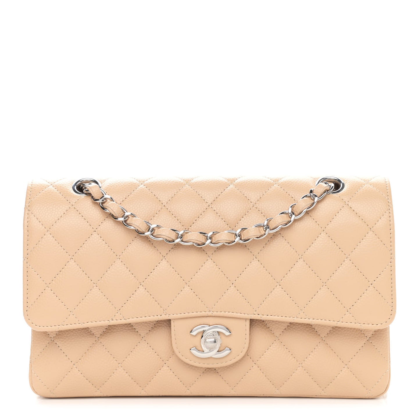 Caviar Quilted Medium Double Flap Beige