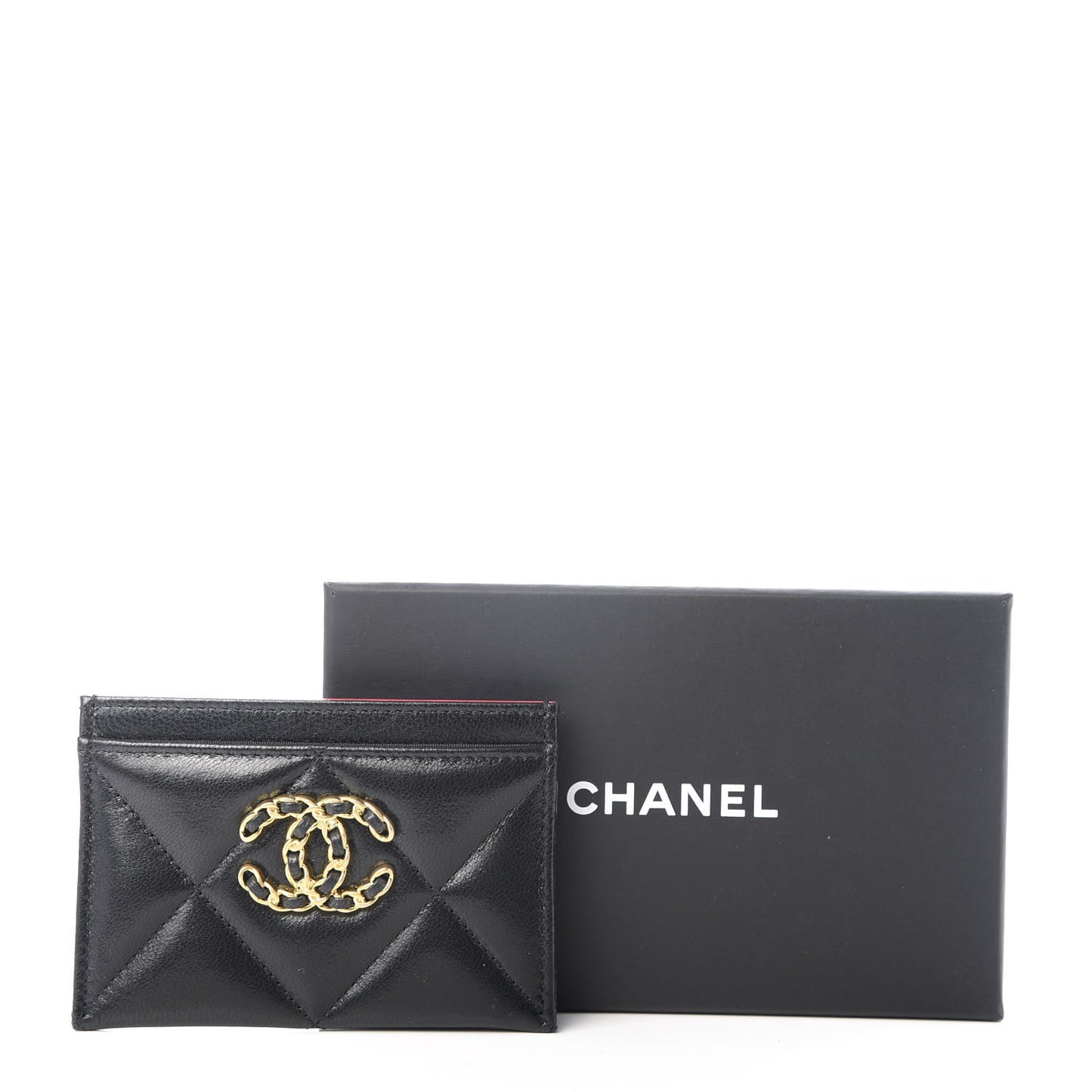 Shiny Goatskin Quilted Chanel 19 Card Holder Black