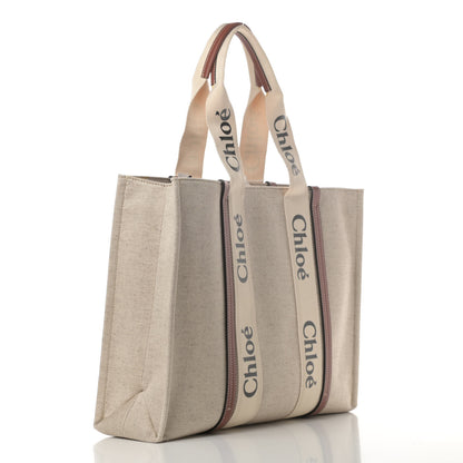Chloe Cotton Calfskin Large Woody Ribbon Tote White Brown 2 of 6