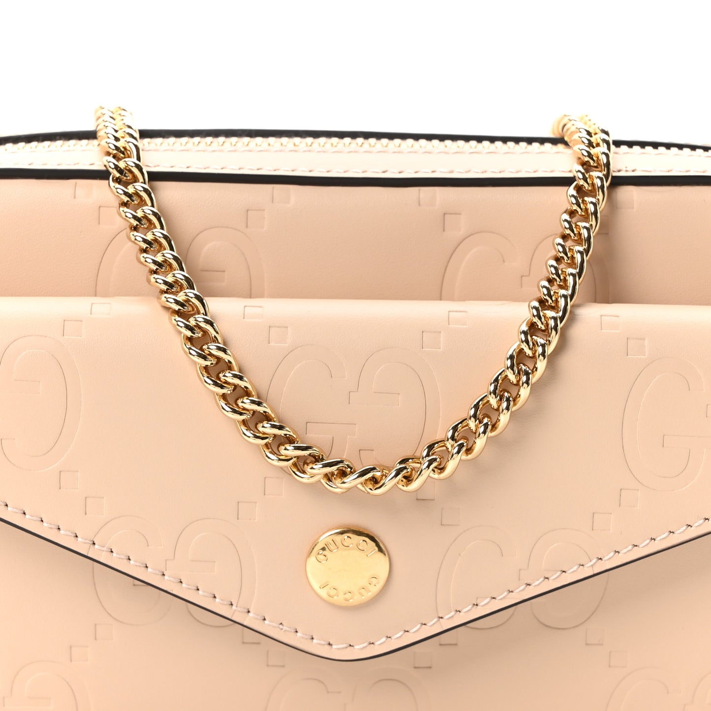 Calfskin GG Super Mini Debossed Chain Wallet Light Beige