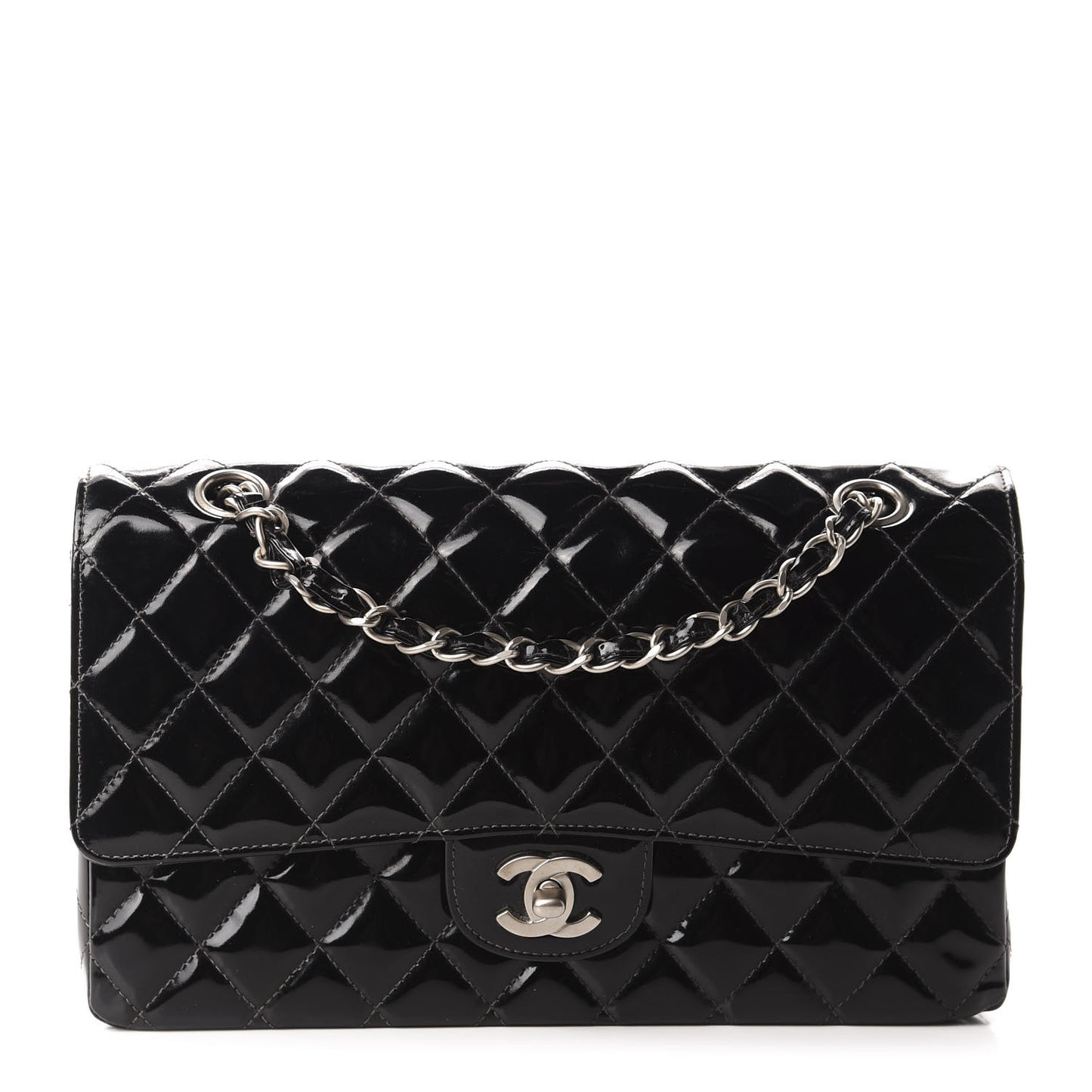 Patent Quilted Medium Double Flap Black