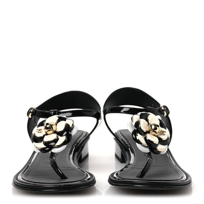 Chanel Patent Calfskin Camellia Thong Sandals 37 Black White 3 of 14