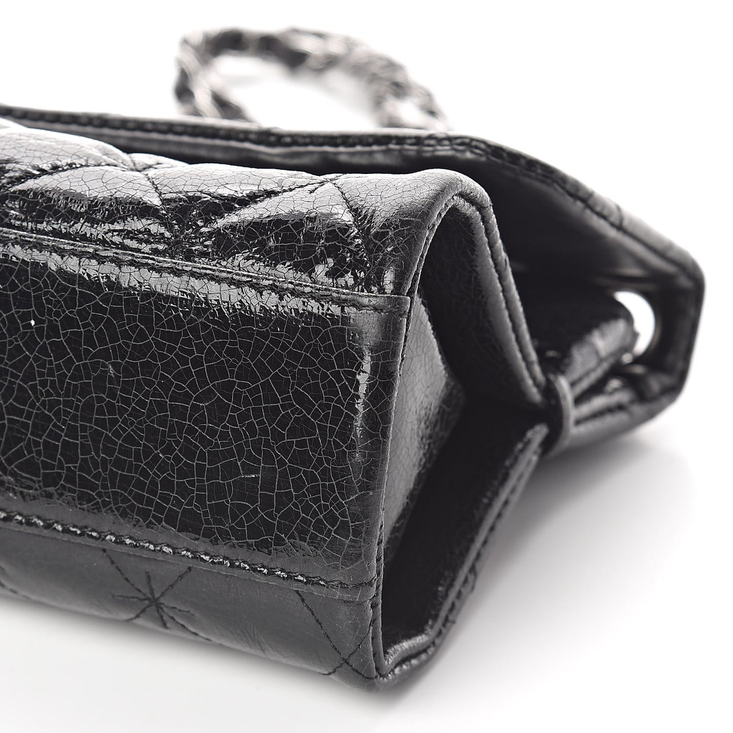 Glazed Crackled Calfskin Quilted Mademoiselle Flap Black