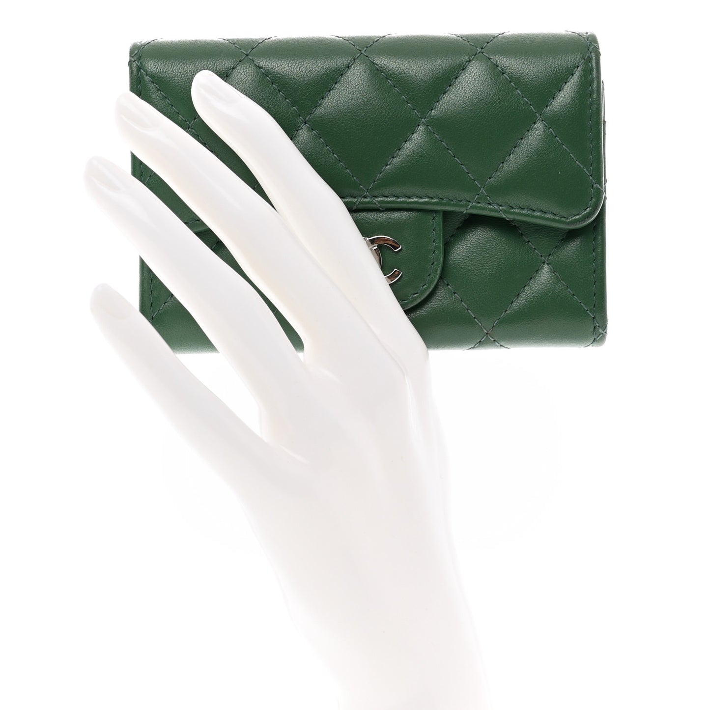 Lambskin Quilted Flap Card Holder Wallet Green