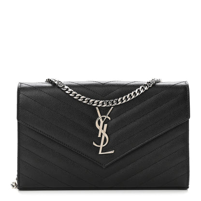 Saint Laurent Grain De Poudre Matelasse Chevron Monogram Chain Wallet Black 1 of 10