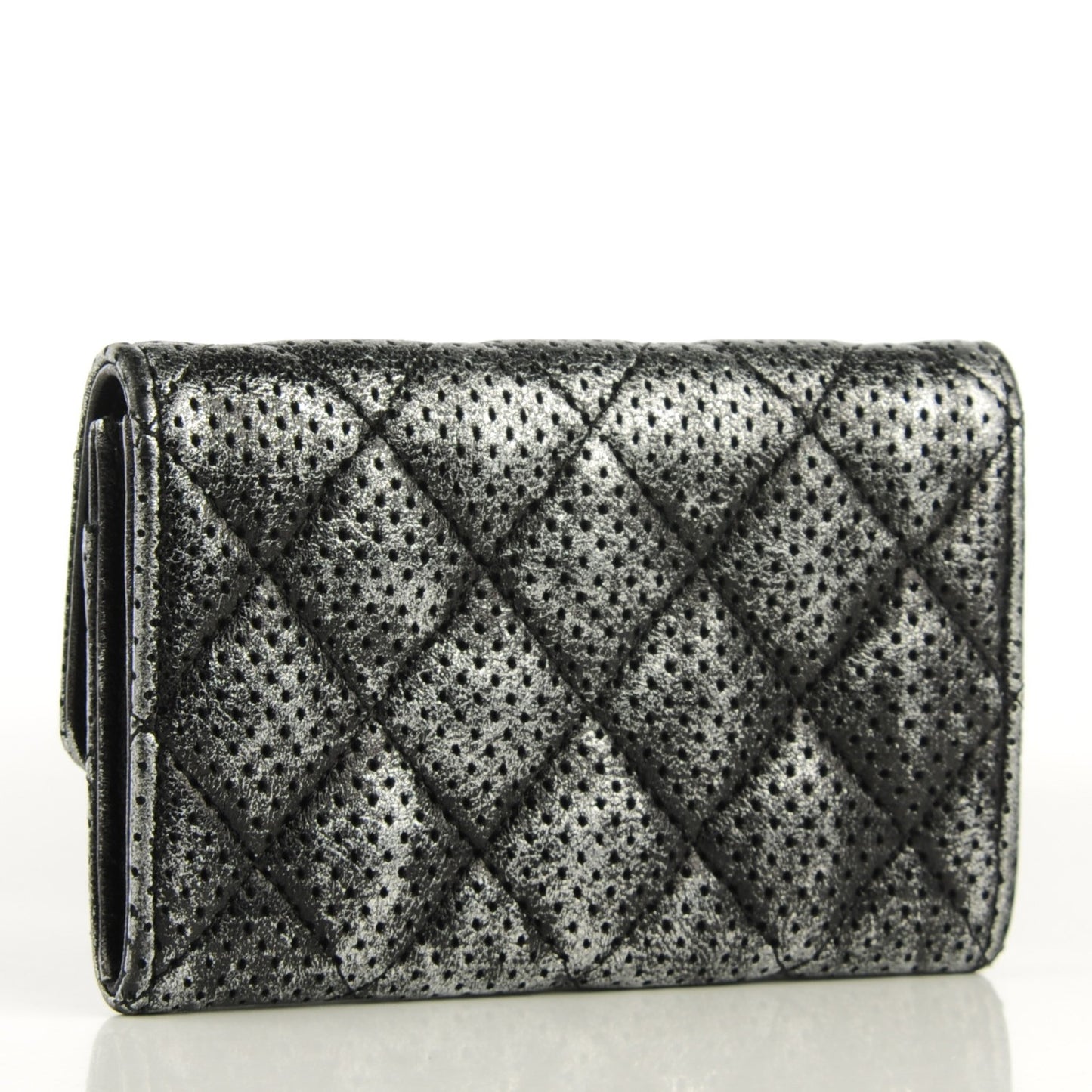 Metallic Calfskin Perforated Quilted Card Holder Grey