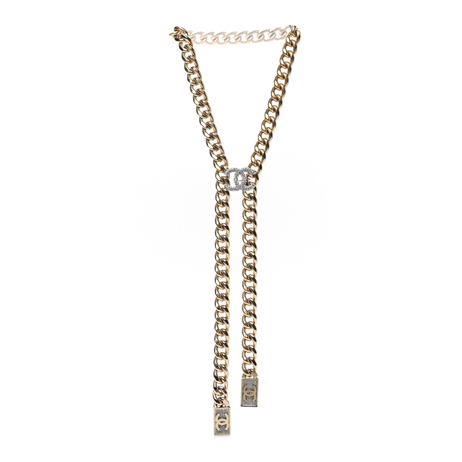 Chanel Chain Link Crystal CC Dog Tag Charm Necklace Gold 3 of 7