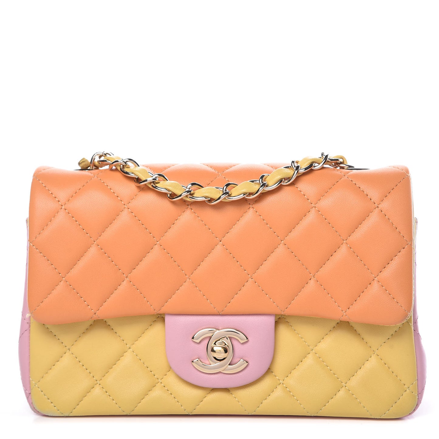 Lambskin Quilted Tri-Color Mini Rectangular Flap Orange Yellow Pink