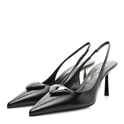 Prada Vernice Saffiano Triangle Logo Pointed Toe 75mm Slingback Pumps 37.5 Black 2 of 8
