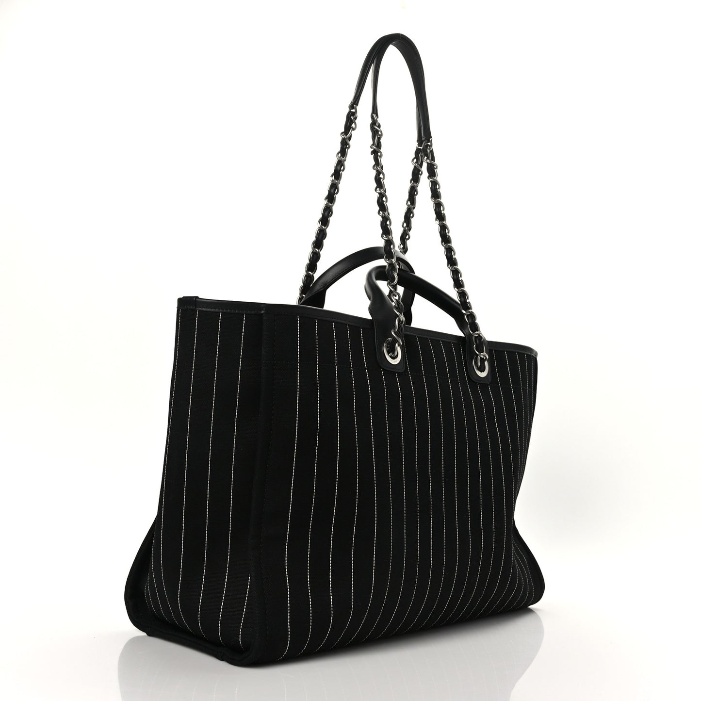 Canvas Calfskin Striped Large Deauville Tote Black White