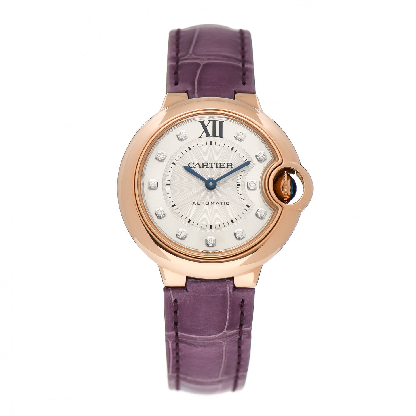 18K Pink Gold Alligator Diamond 33mm Ballon Bleu De Cartier Automatic Watch Violet