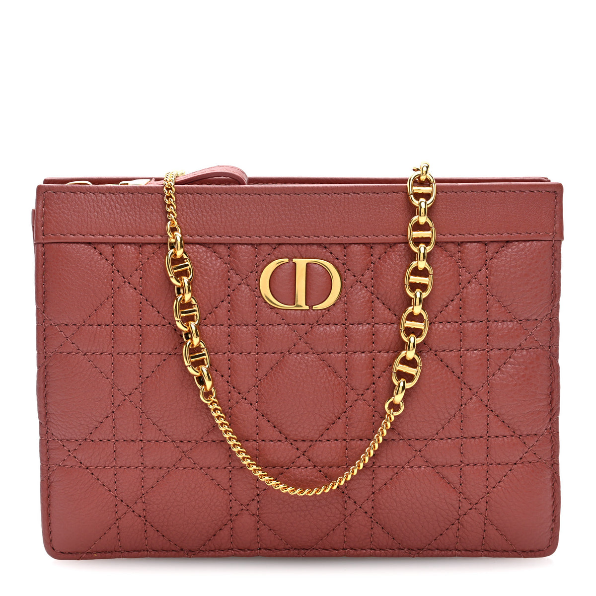 Calfskin Cannage Caro Zipped Pouch With Chain Rust