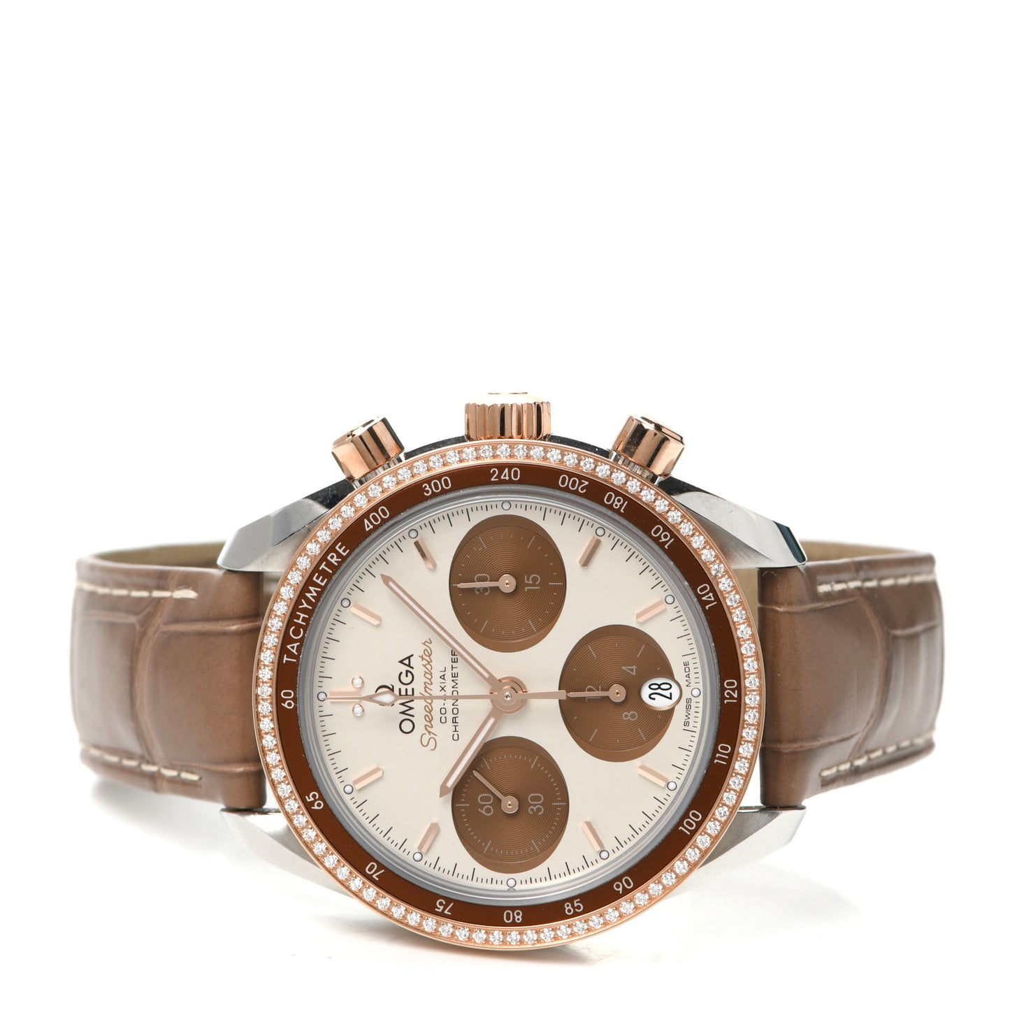 Stainless Steel 18K Sedna Gold Alligator Diamond Bezel 38mm Speedmaster Chronograph Automatic Watch Brown 324.28.38.50.02.002