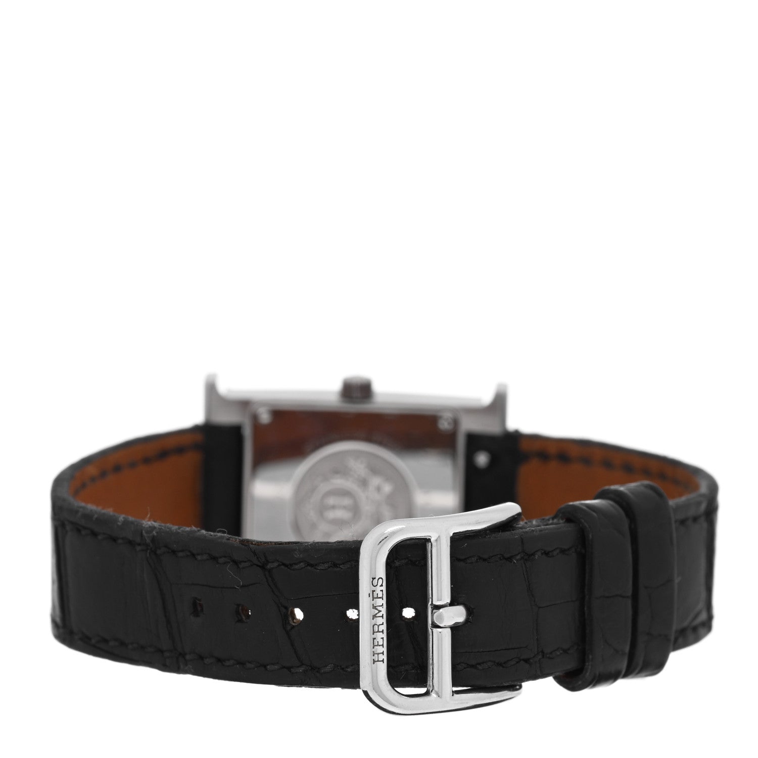 Hermes Stainless Steel Alligator Diamond Mother of Pearl 21mm Heure H Hour Quartz Watch Noir 3 of 4