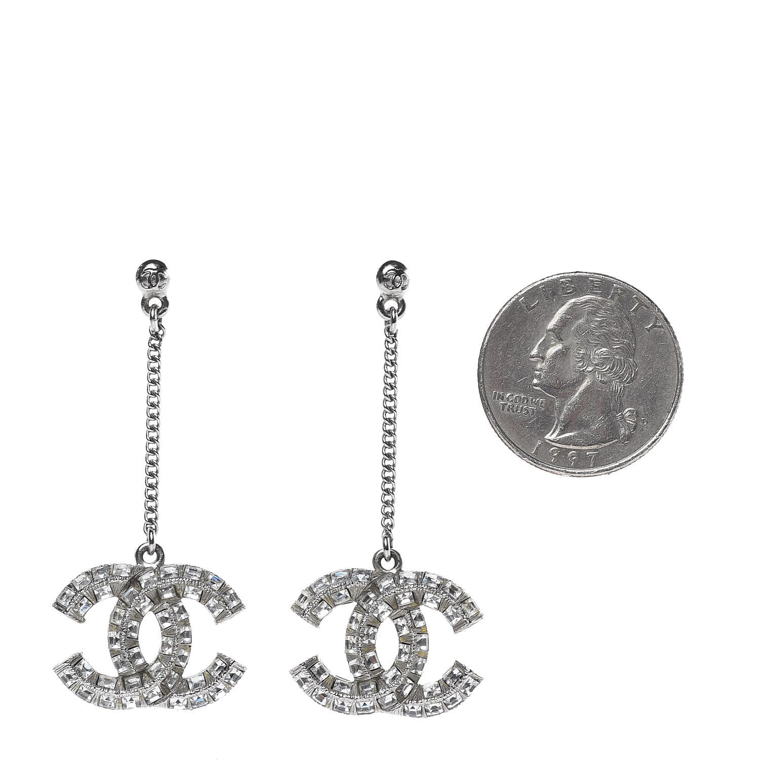 Chanel Baguette Crystal CC Drop Earrings Silver 2 of 4