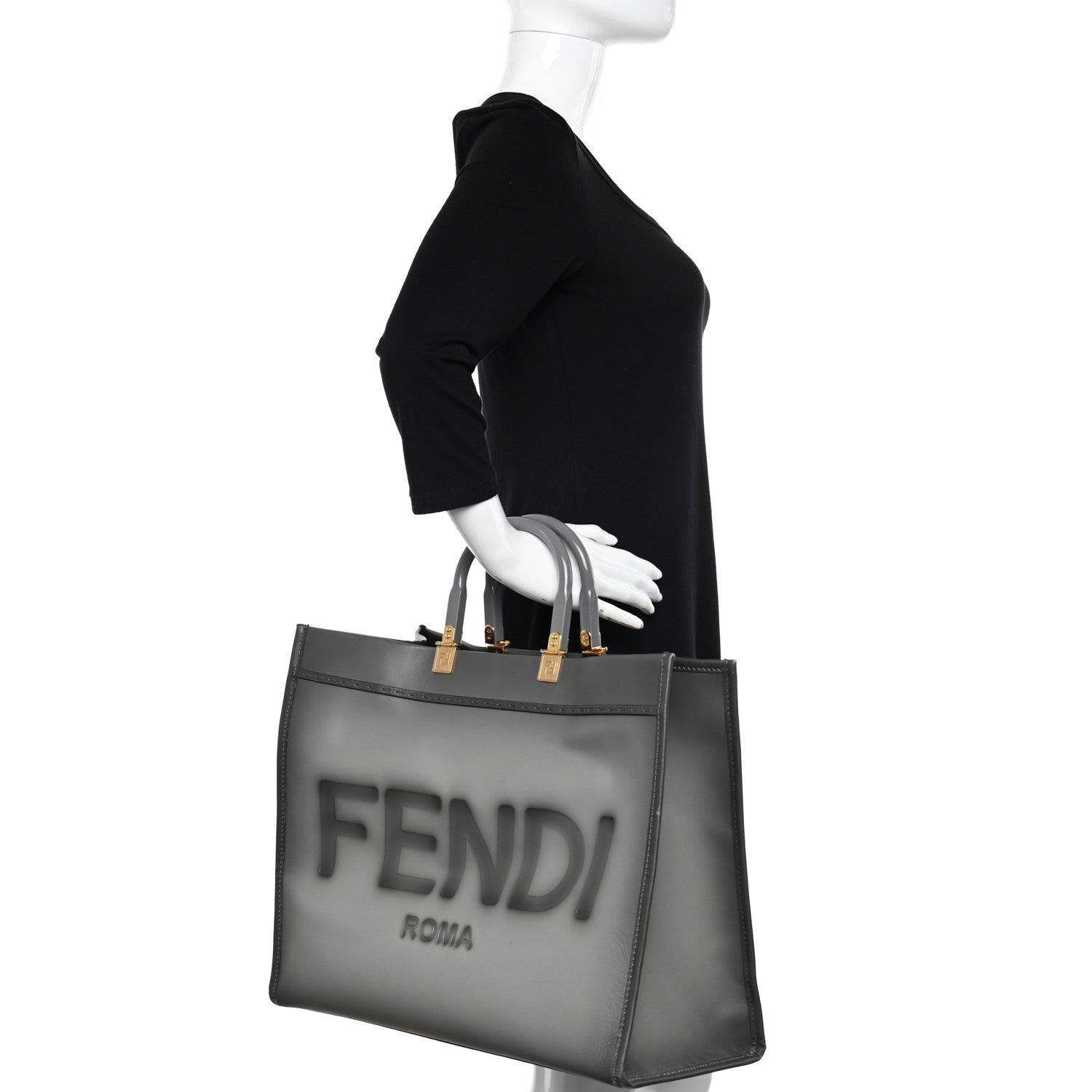 Fendi Vitello King Tamponato Plexiglass Logo Embossed Large Fendi Sunshine Shopper Tote Ghiaccio 2 of 11