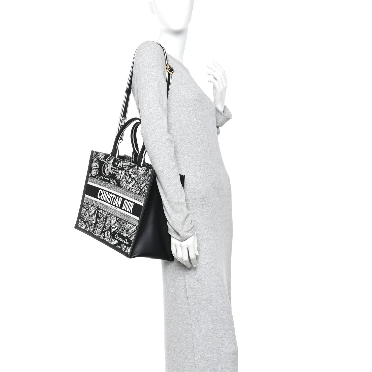 Christian Dior Calfskin Canvas Medium Plan De Paris Book Tote With Strap Black White 2 of 9