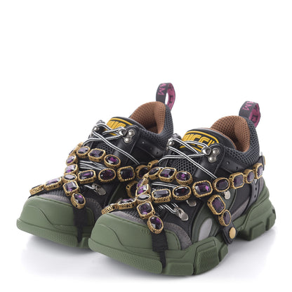 Gucci X SEGA Mesh Suede Calfskin Removable Crystals Flashtrek Sneakers 37 Loess Black Olive Green 3 of 10