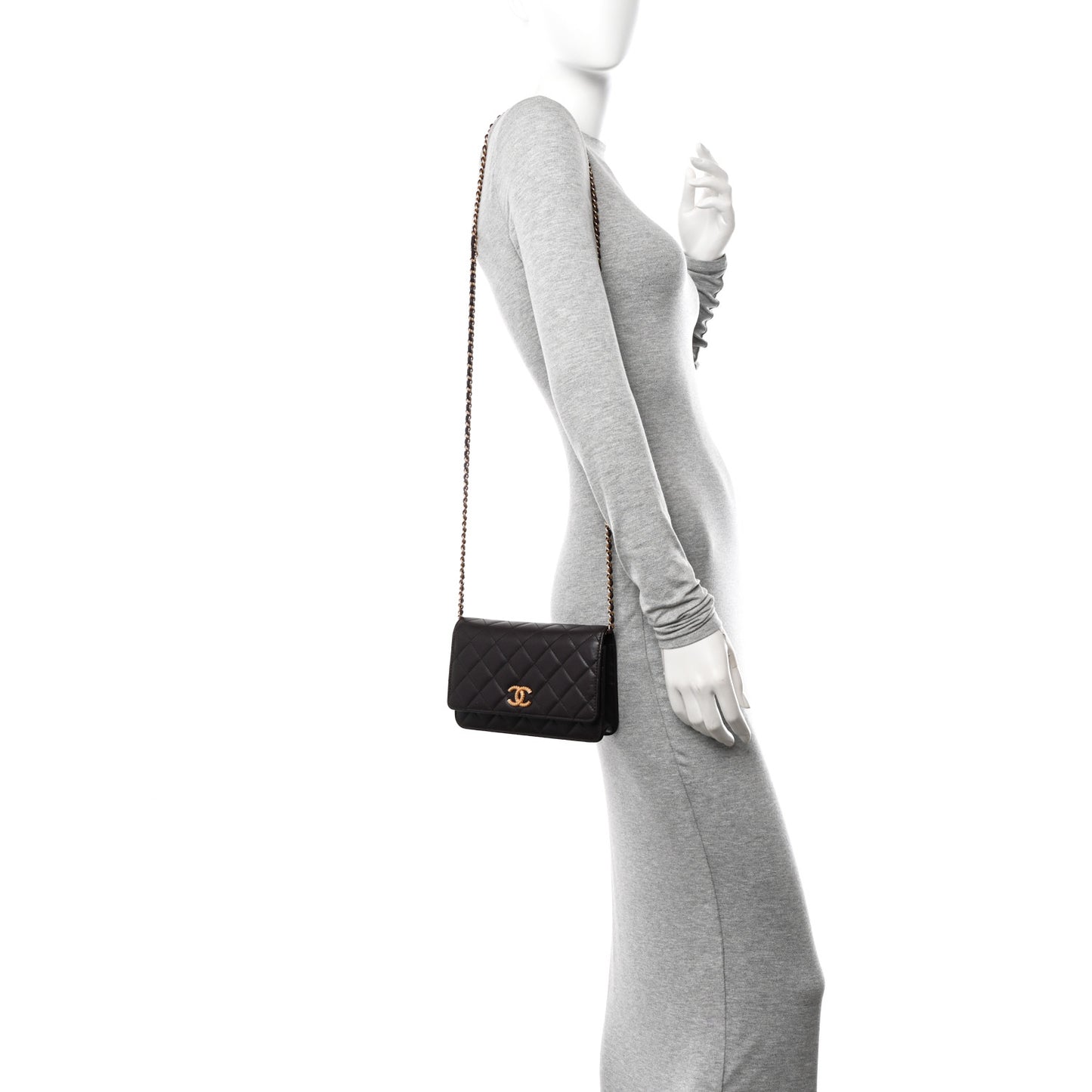 Lambskin Quilted Studded CC Wallet On Chain WOC Brown