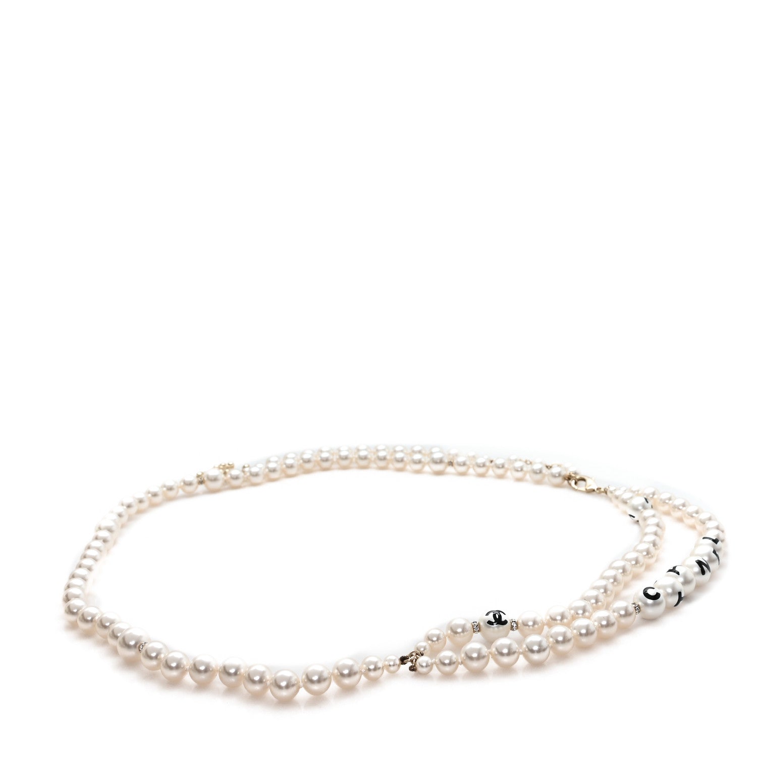 Chanel Pearl Crystal Coco's Pearls Logo Belt 85 34 Pearly White Black Gold 1 of 4