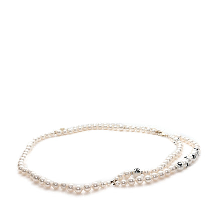 Chanel Pearl Crystal Coco's Pearls Logo Belt 85 34 Pearly White Black Gold 1 of 4