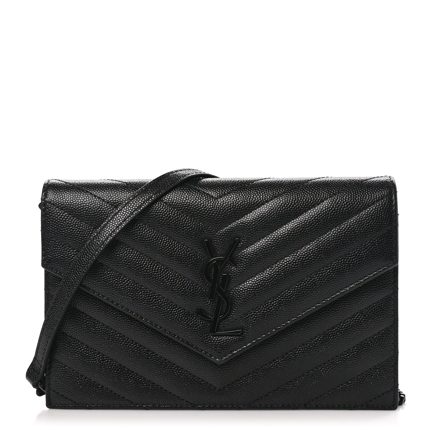 Saint Laurent Grain De Poudre Matelasse Chevron Monogram Monochrome Envelope Chain Wallet Black 1 of 10