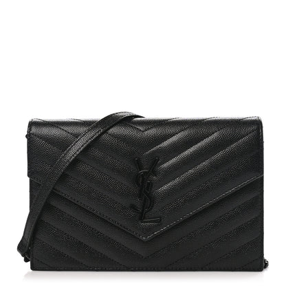 Saint Laurent Grain De Poudre Matelasse Chevron Monogram Monochrome Envelope Chain Wallet Black 1 of 10