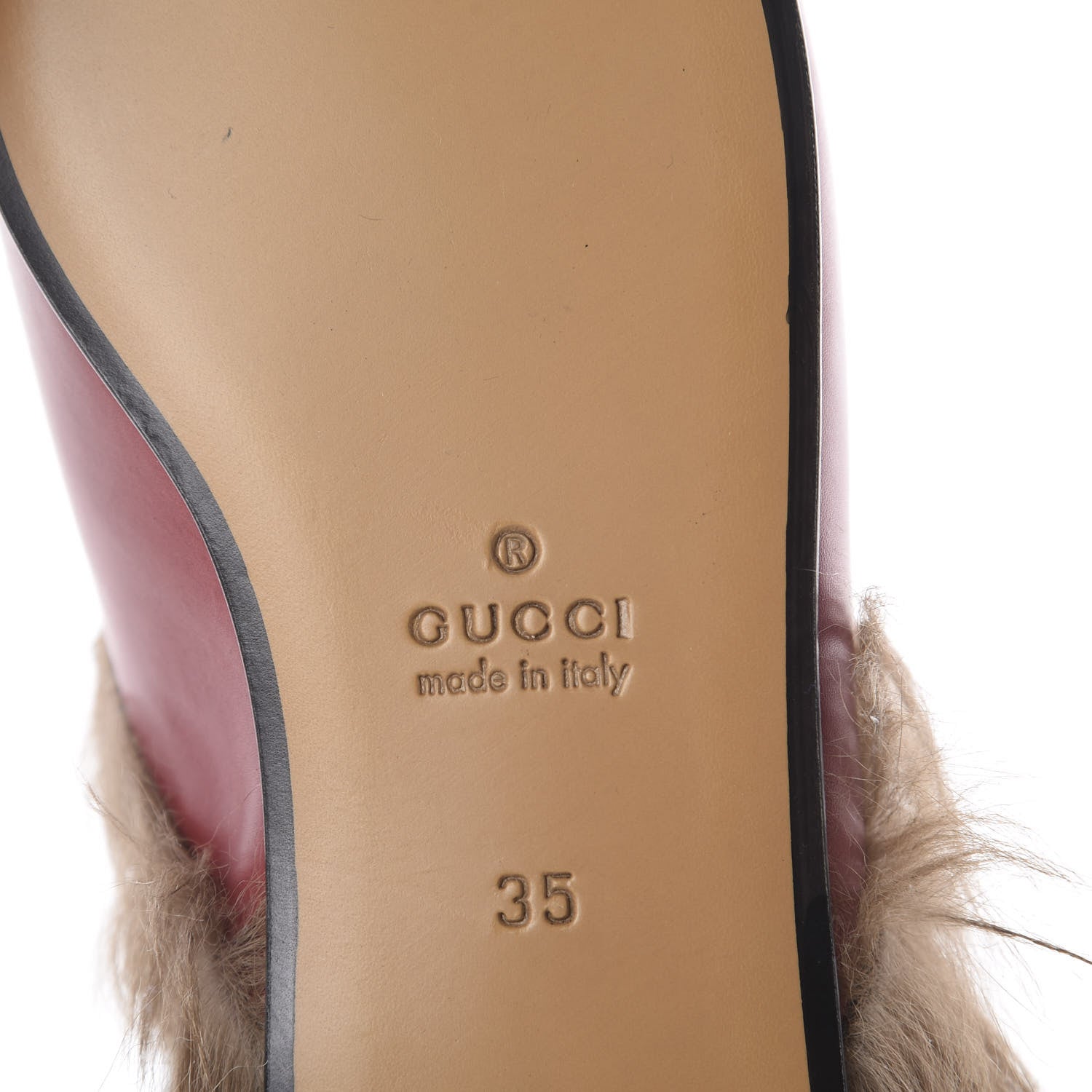 Gucci Betis Glamour Calfskin Fur Womens Princetown Slippers 35 Hibiscus Red Naturale 7 of 7