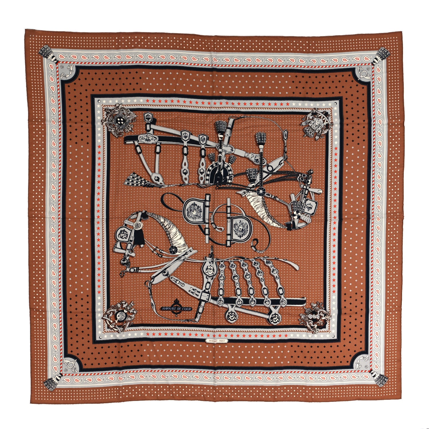 Hermes Silk Harnais De Cour Bandana Shawl 140 Noisette Gris Perle 3 of 12