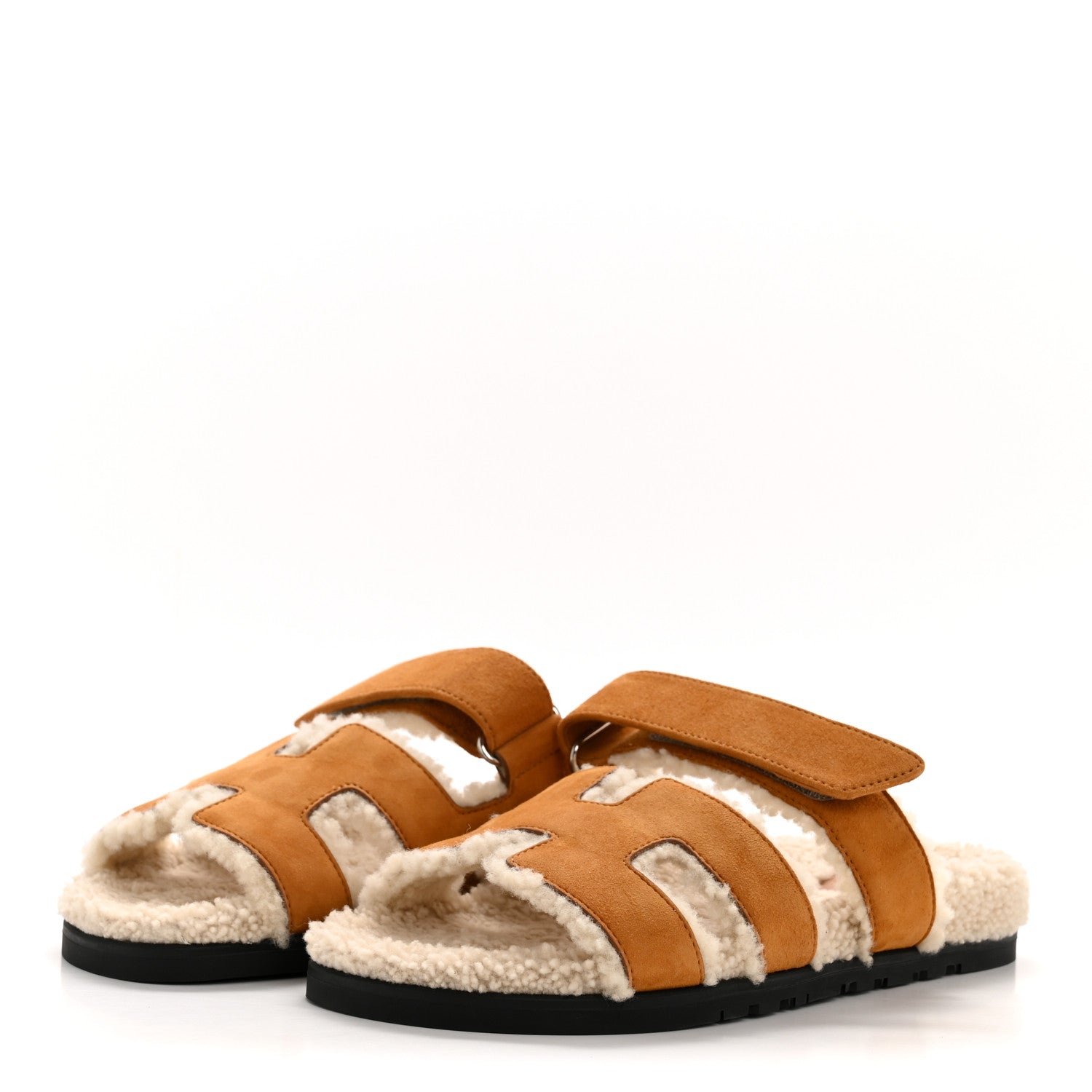 Hermes Suede Goatskin Woolskin Womens Chypre Sandals 39 Brun Fume Ecru 4 of 10