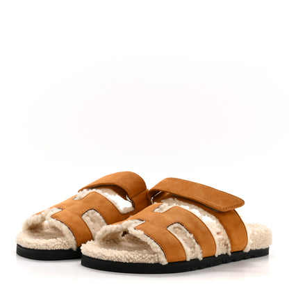 Hermes Suede Goatskin Woolskin Womens Chypre Sandals 39 Brun Fume Ecru 4 of 10