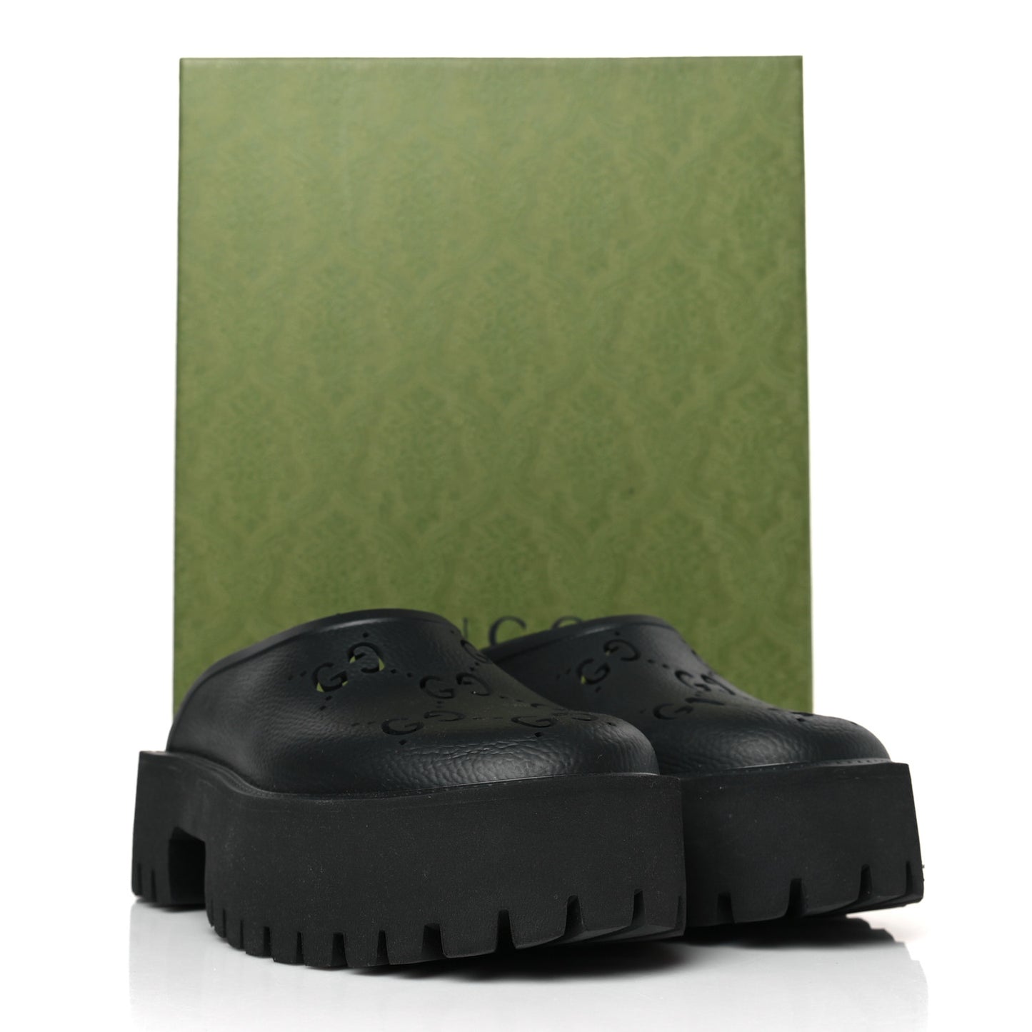 Rubber GG Monogram Perforated Elea Platform 55mm Lug Sole Sandals 39 Black