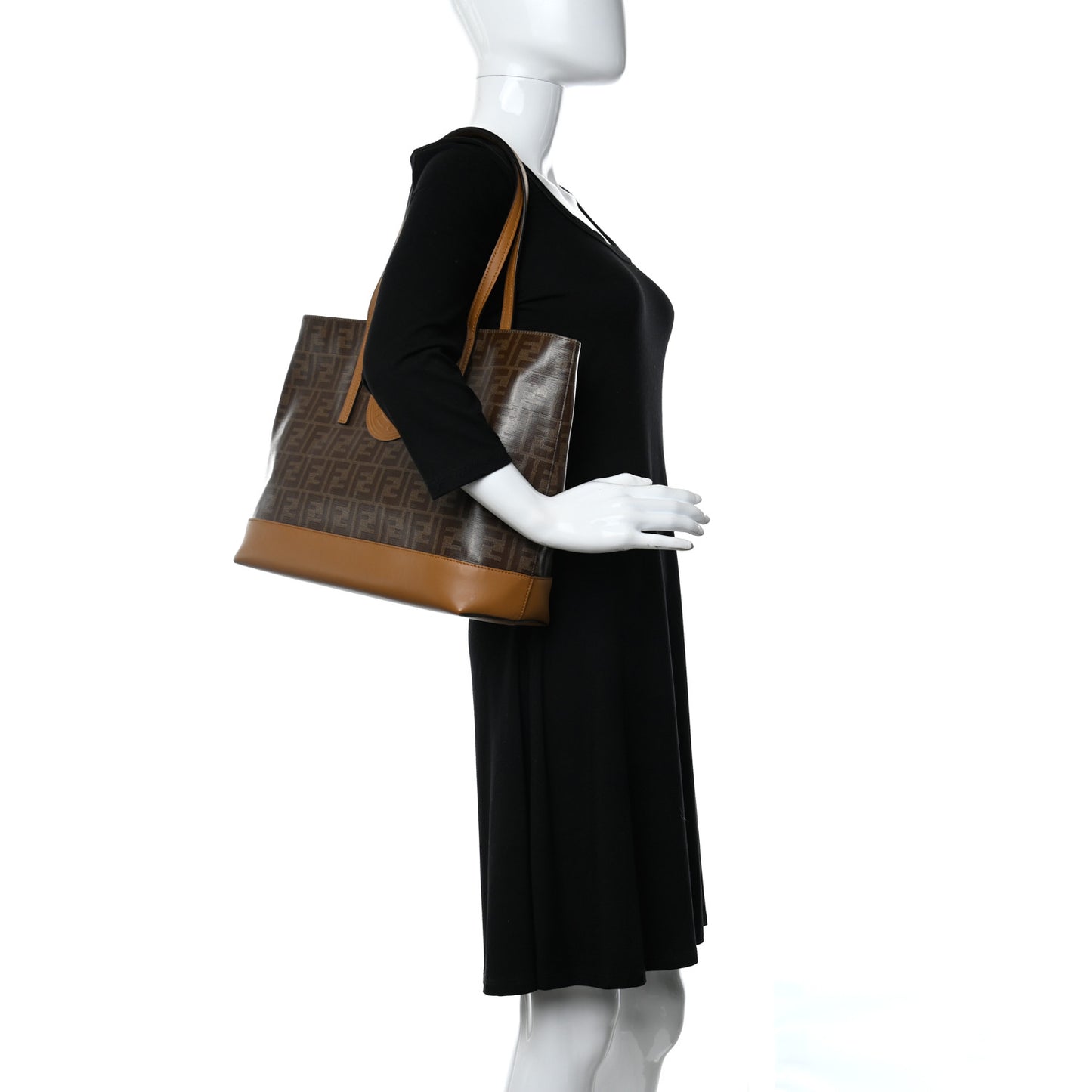 Glazed Fabric Vitello Century FF 1974 Stamp Patch Shopping Tote Mogano Panna Caramello
