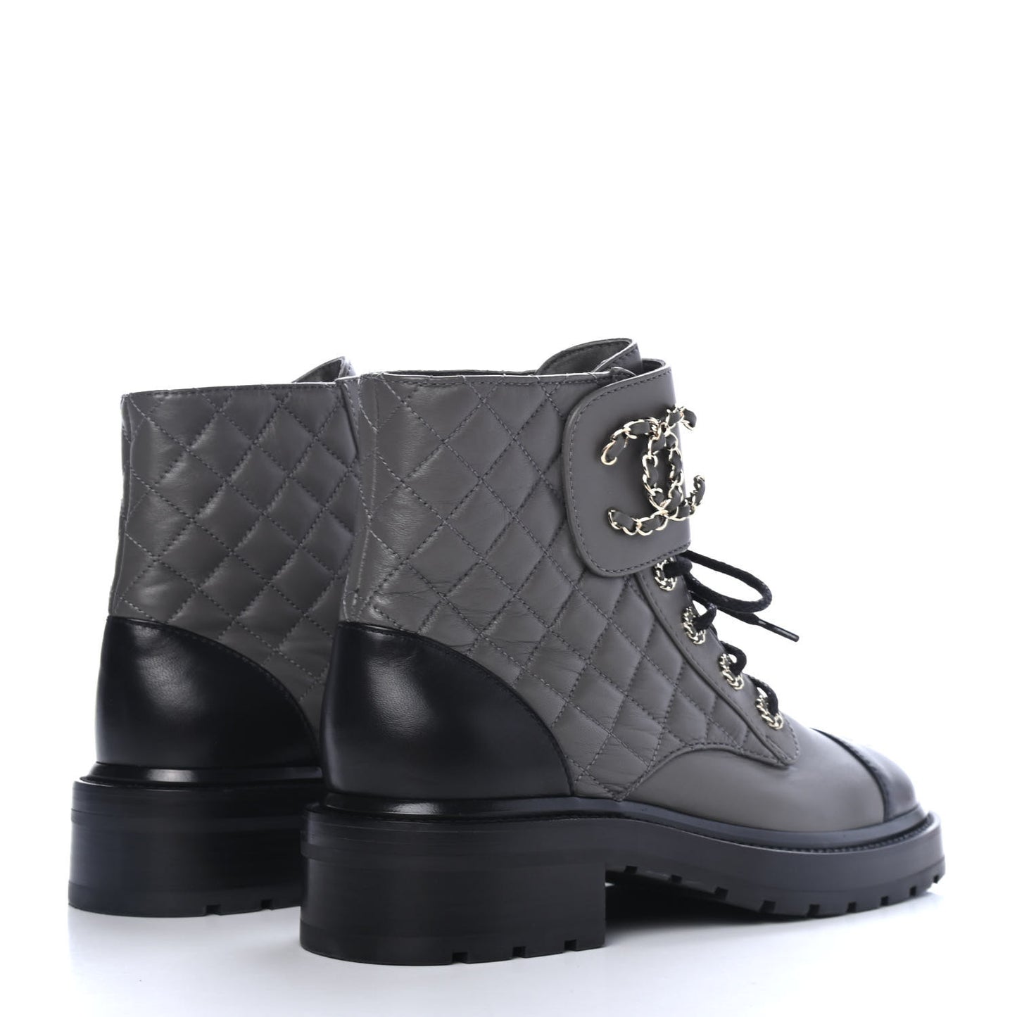 Shiny Lambskin Quilted Lace Up Combat Boots 38 Grey Black