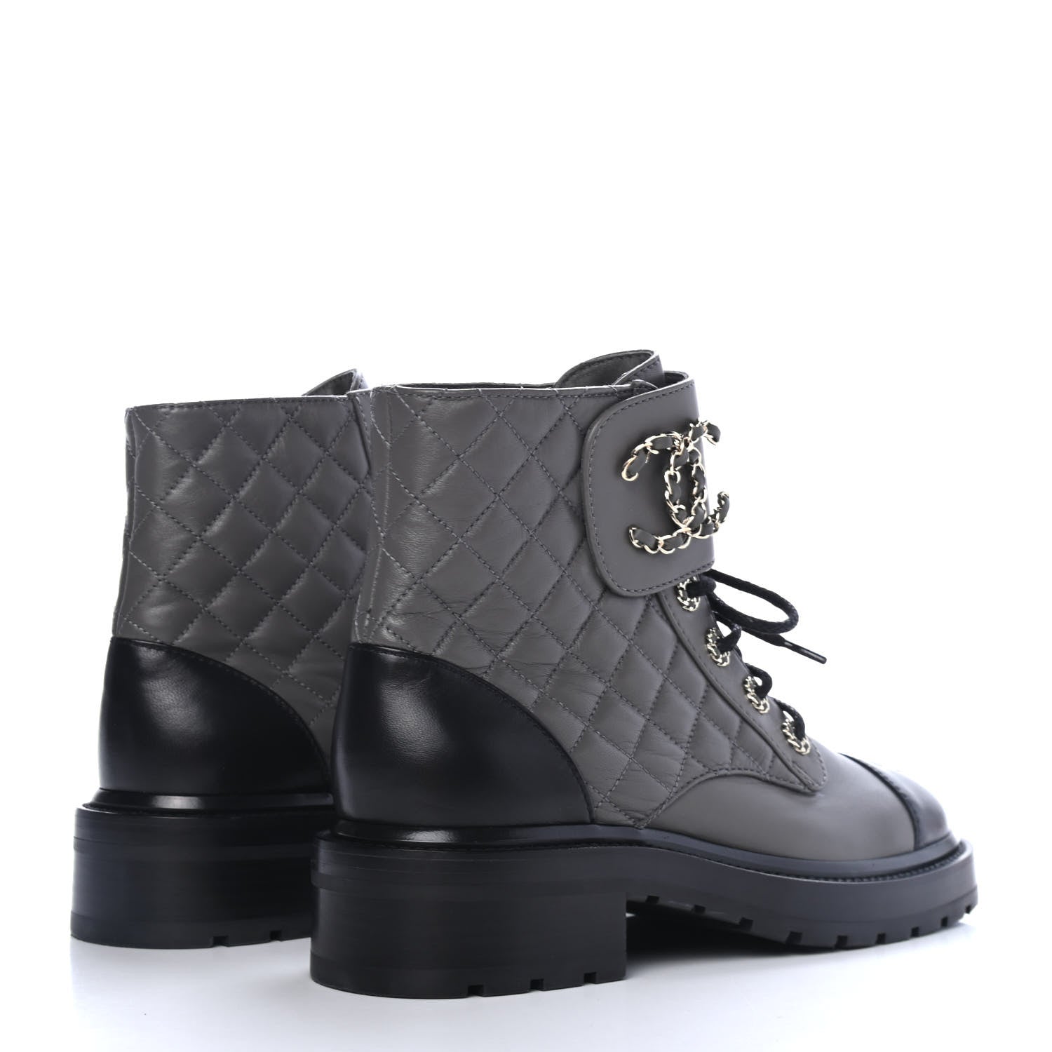Chanel Shiny Lambskin Quilted Lace Up Combat Boots 38 Grey Black 4 of 5