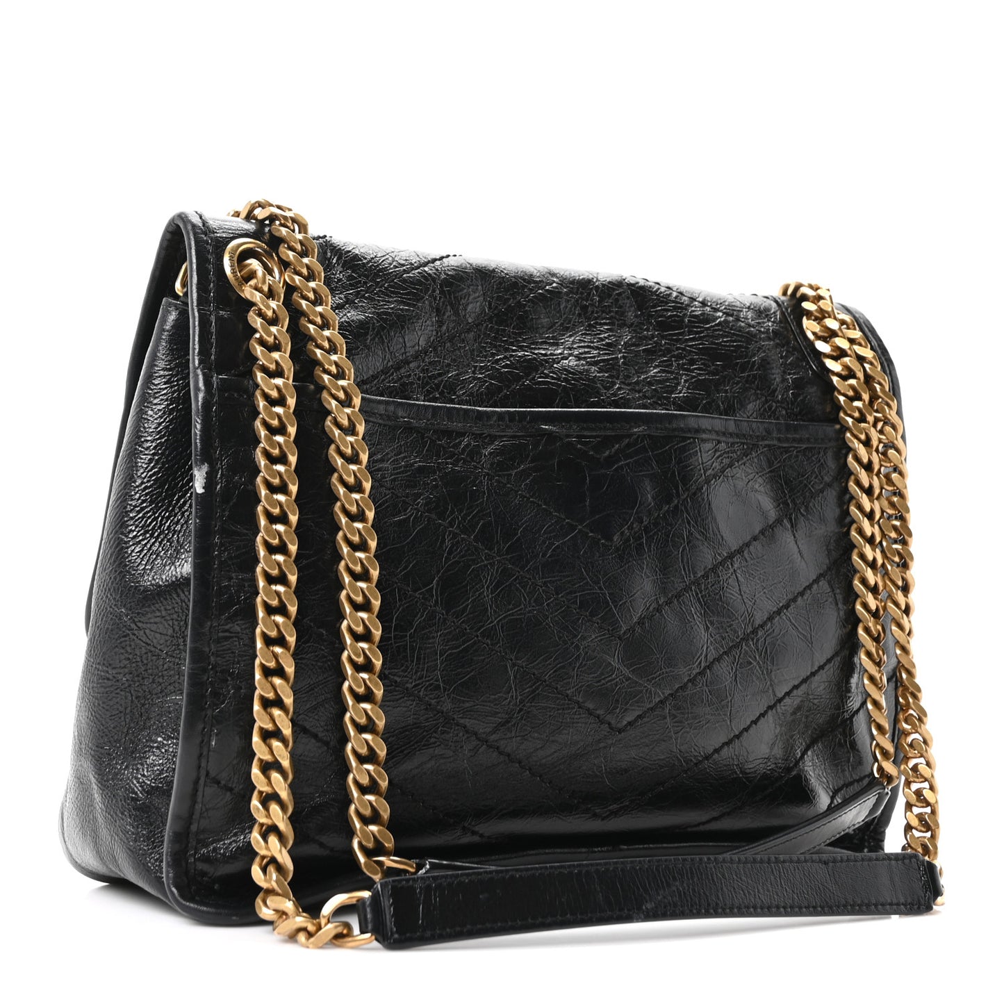 Crinkled Calfskin Matelasse Monogram Medium Niki Chain Satchel Black