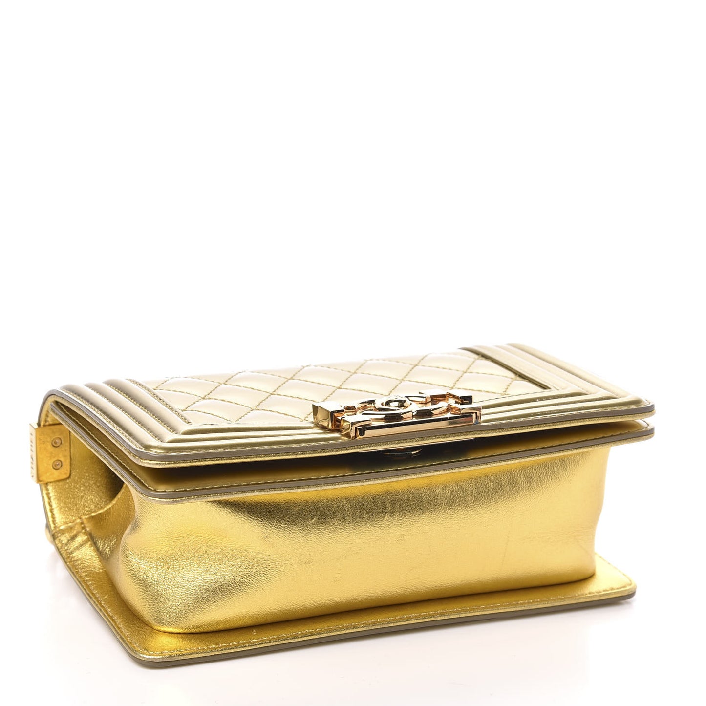 Metallic Patent Calfskin Quilted Small Boy Flap Gold