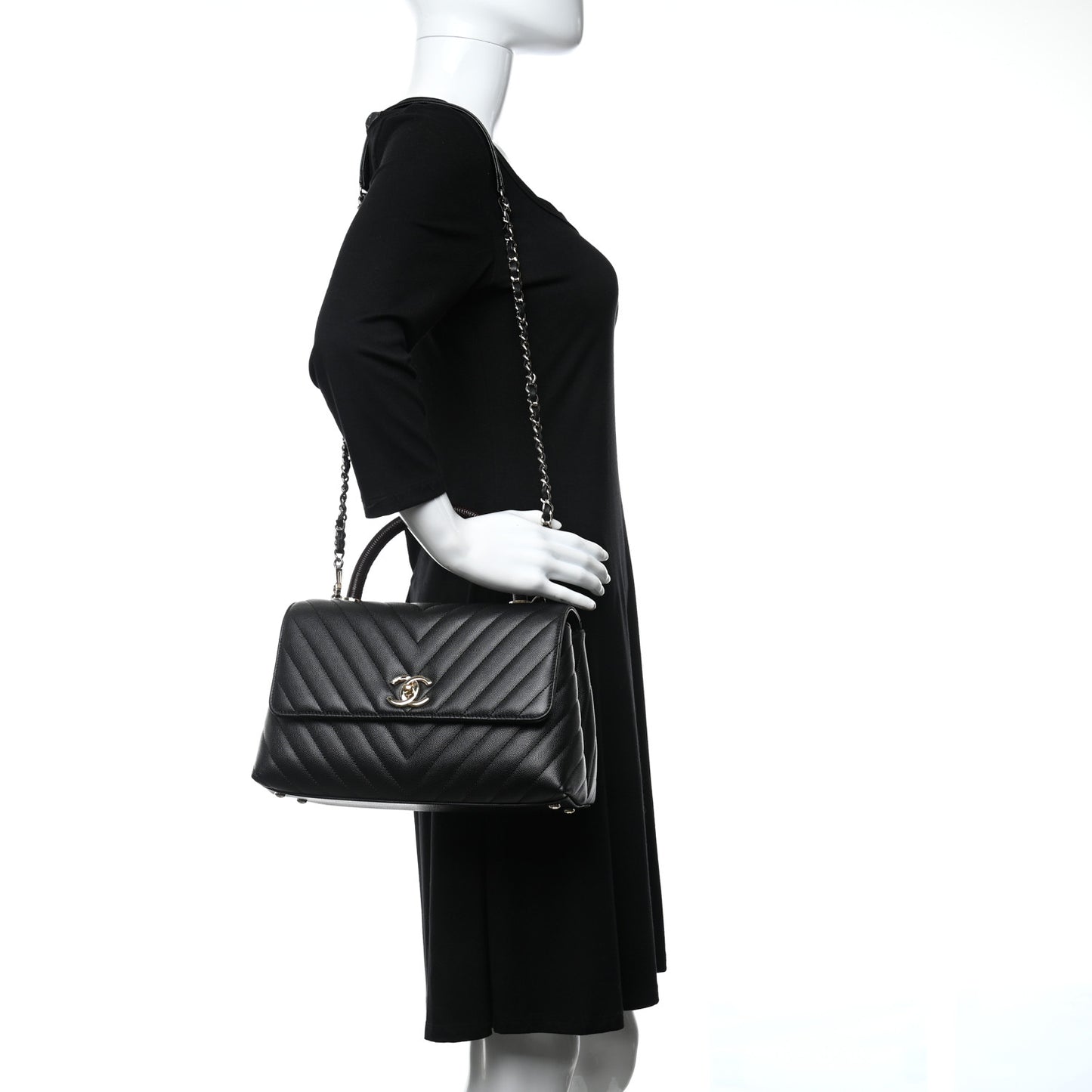 Caviar Lizard Embossed Quilted Chevron Small Coco Handle Flap Black