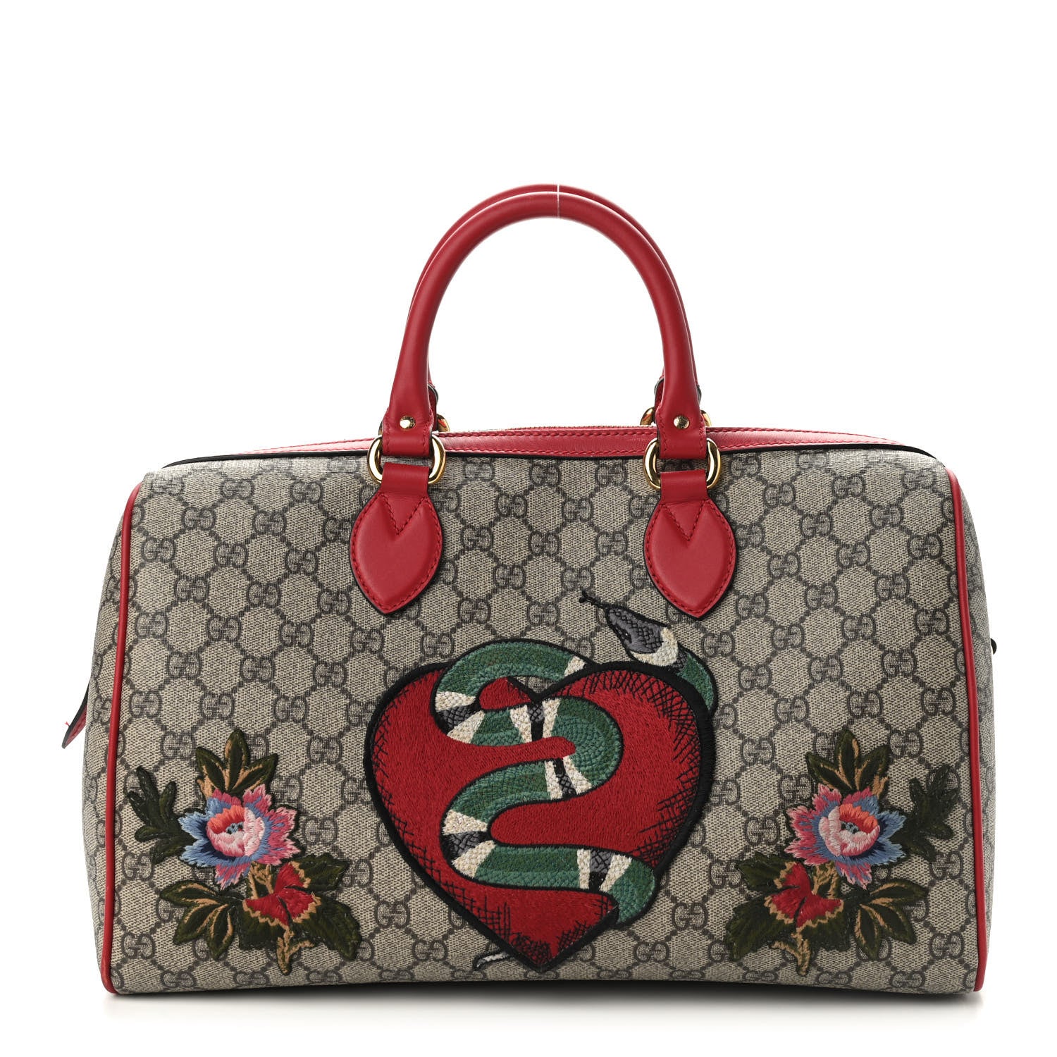 Gucci GG Supreme Monogram Kingsnake Heart Embroidered Medium Boston Hibiscus Red 1 of 9