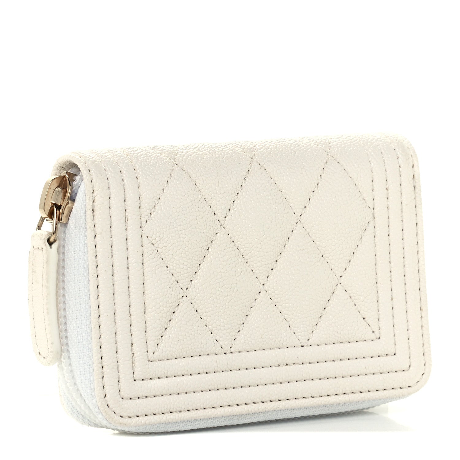 Chanel Caviar Quilted Boy Zip Around Coin Purse Wallet White 3 of 9