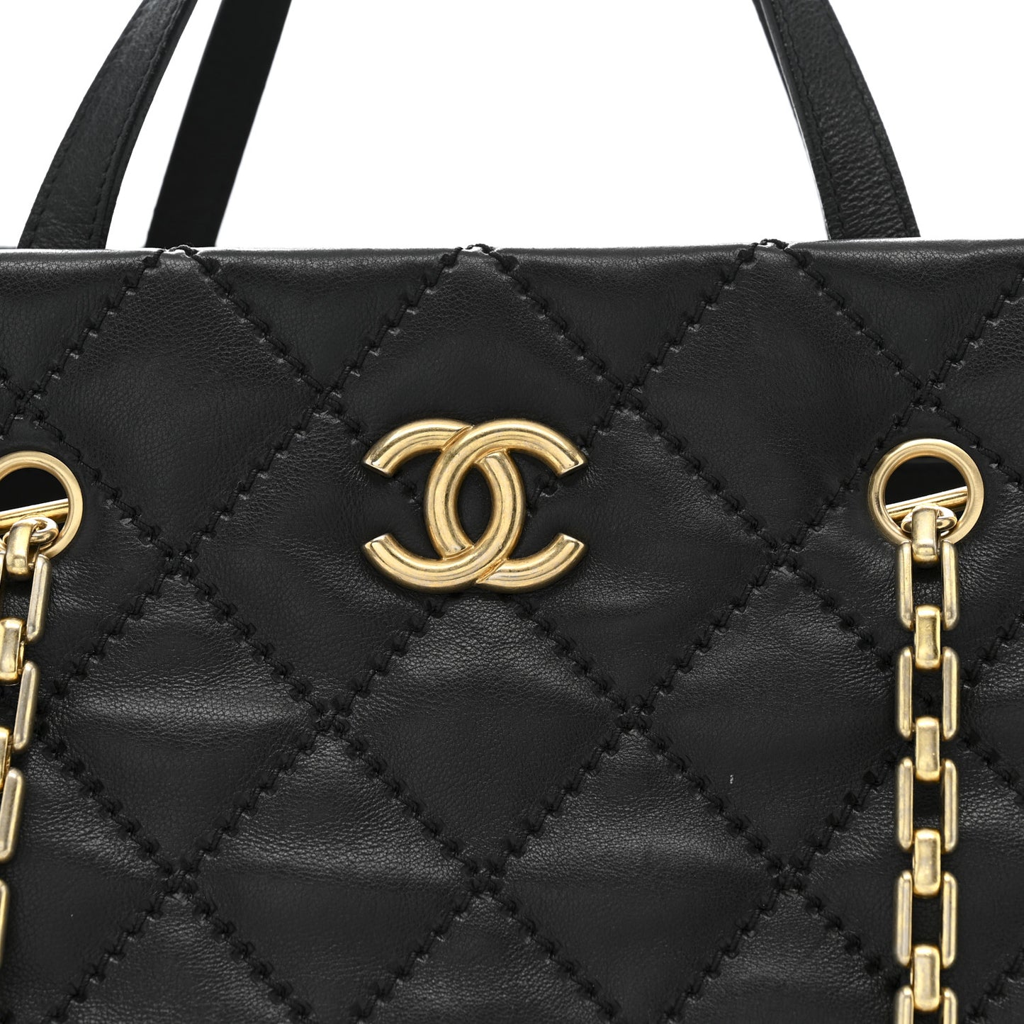 Calfskin Quilted Large Retro Chain Shopping Tote  Black