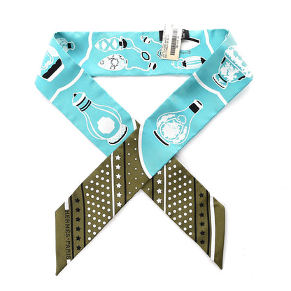 Hermes Silk Les Flacons Bandana Twilly Kaki Turquoise Blanc 1 of 4