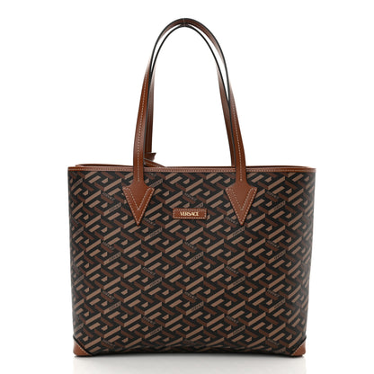 Versace Coated Canvas Calfskin La Greca Signature Shopper Tote Bag Black Caramel 3 of 12