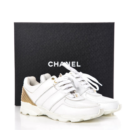 Chanel Calfskin Laminated Womens CC Sneakers 37 White Gold 9 of 9