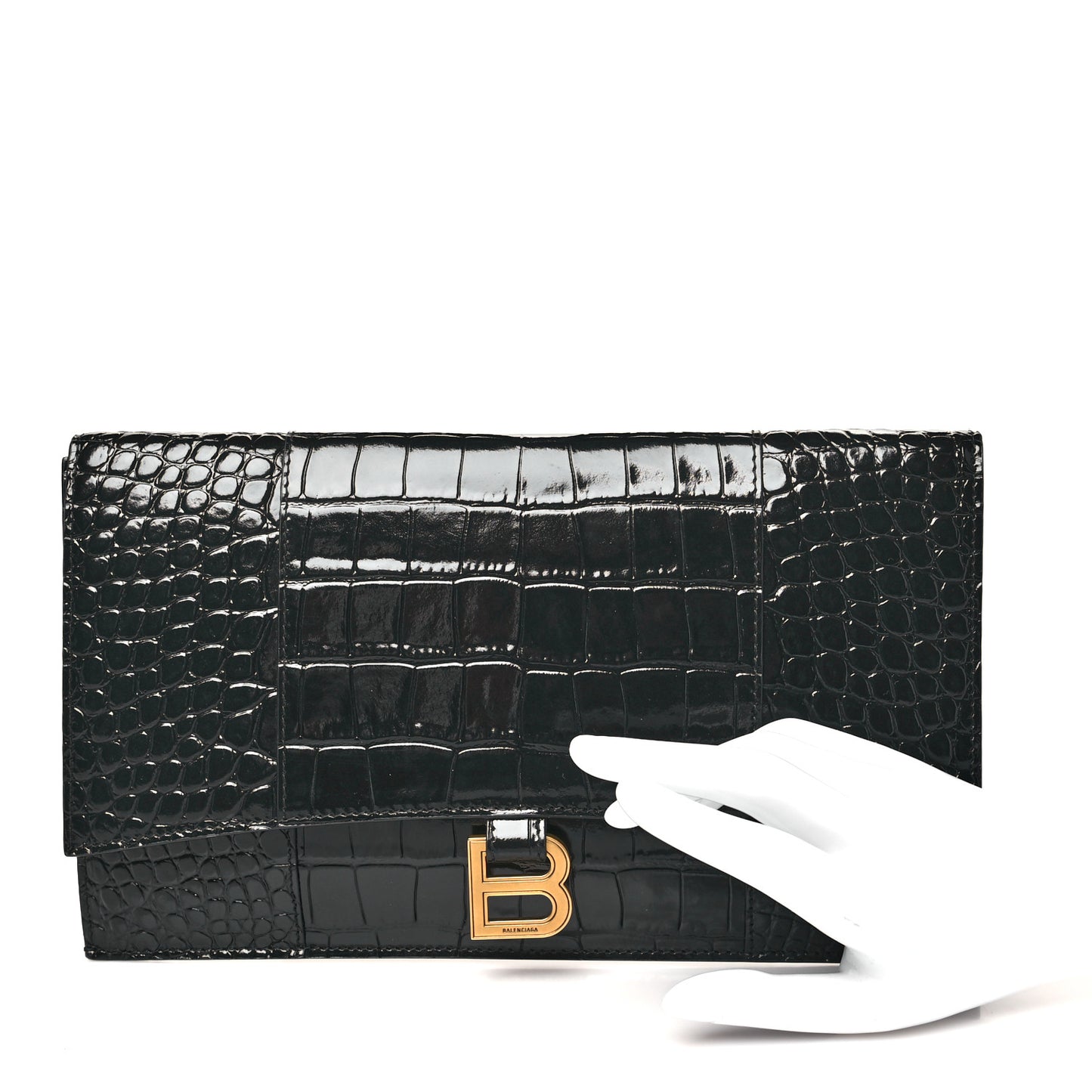 Shiny Calfskin Crocodile Embossed Hourglass Flap Flat Pouch Black